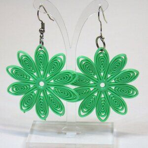 Vintage Plastic Green Flower Earrings Flexible Groovy Lightweight Swirl Retro